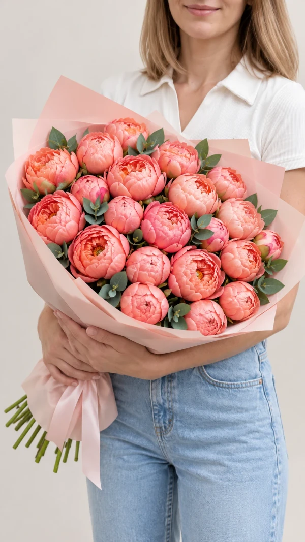 Букет из 25 коралловых пионов в светлом оформлении «Теплая Рапсодия»